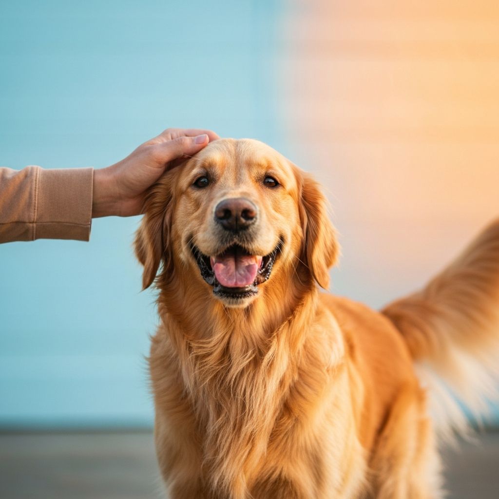 A happy golden retriever being gently petted by its owner